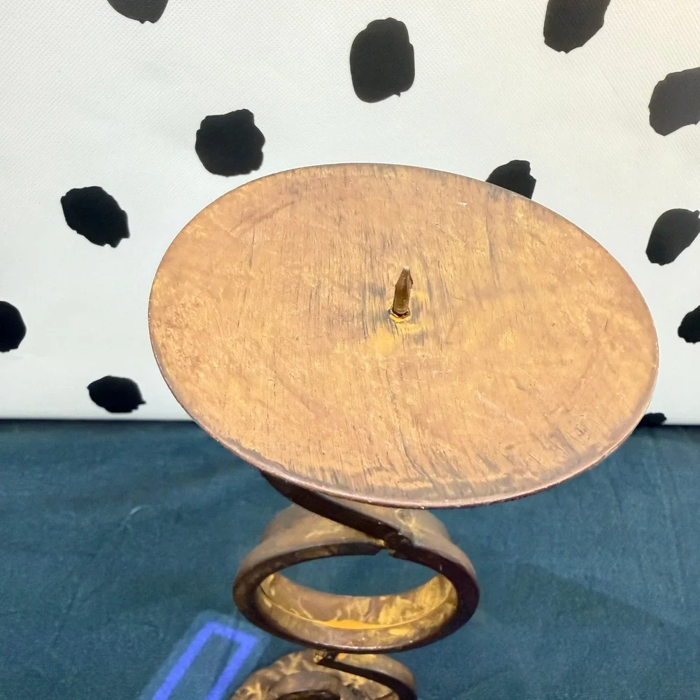 Vtg Cast Iron Pillar Candle Holder Stand Scroll Wrought Metal Rustic Gold 11